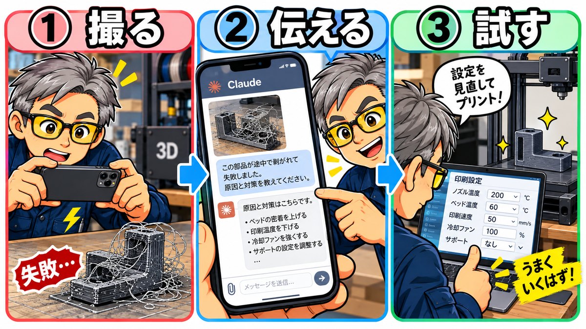 失敗した部品をスマホで撮る、Claudeに写真と状況を送る、返ってきた設定値でプリンターを設定し直す、という3ステップ