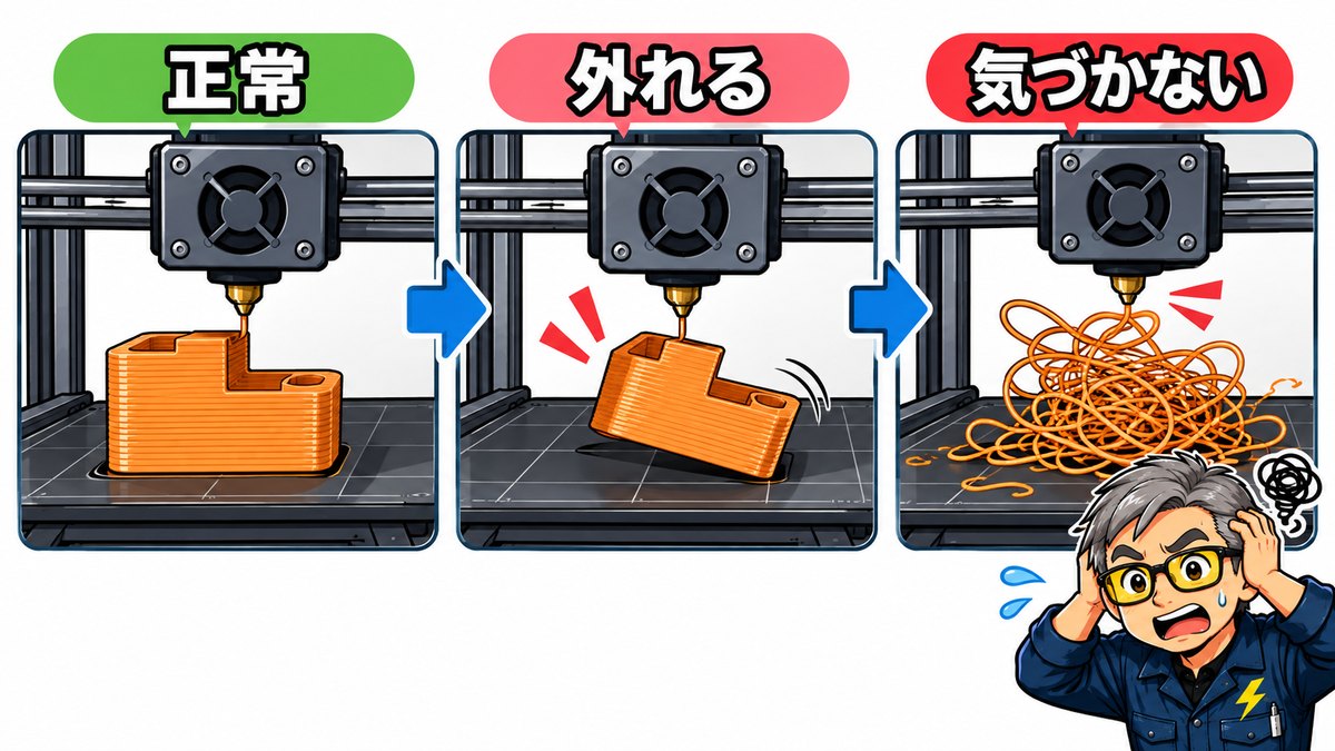 正常に積み上がっている状態、部品がベッドから外れた状態、それに気づかず樹脂を出し続けて絡まった状態の3コマ