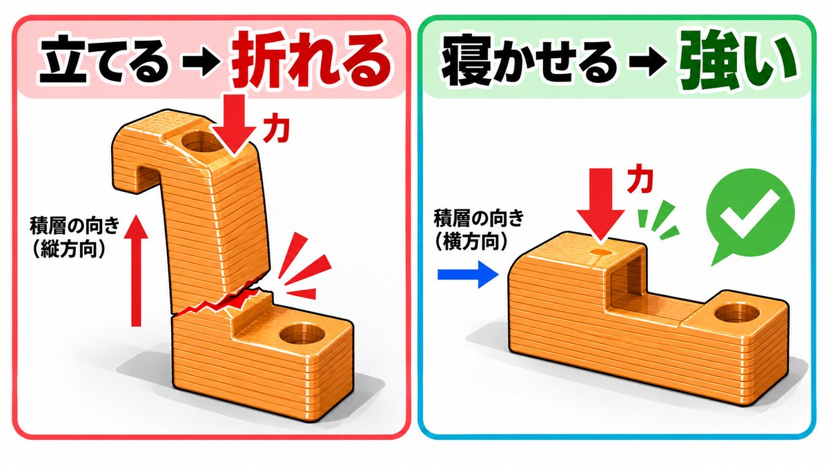 同じ部品を立てて印刷した場合と寝かせて印刷した場合の比較。立てると層の境目から折れ、寝かせると折れない