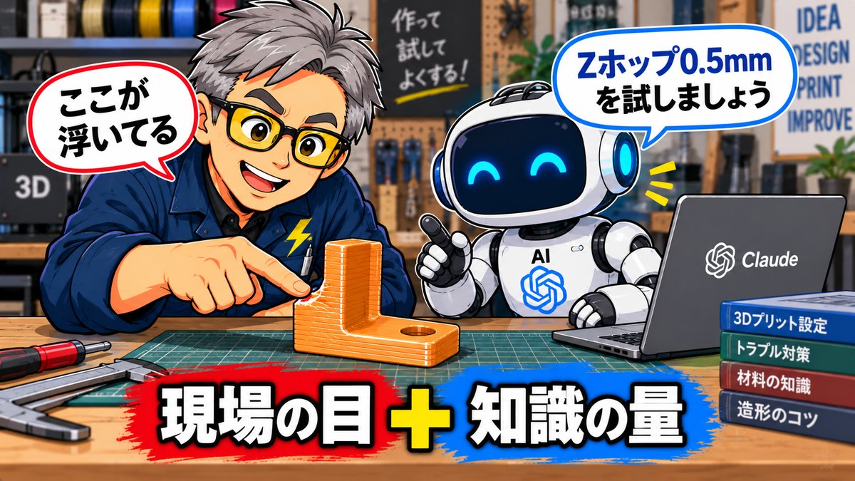 実物を指さして「ここが浮いてる」と言う人間と、「Zホップ0.5mmを試しましょう」と答えるAI。現場の目と知識の量が並んでいる