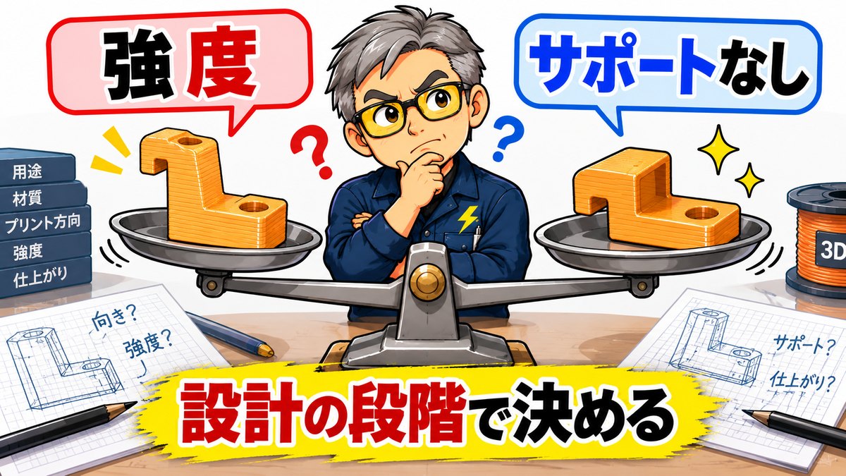 天秤の左に強度を優先した向きの部品、右にサポートなしを優先した向きの部品が載っていて、どちらを取るか迷っている様子