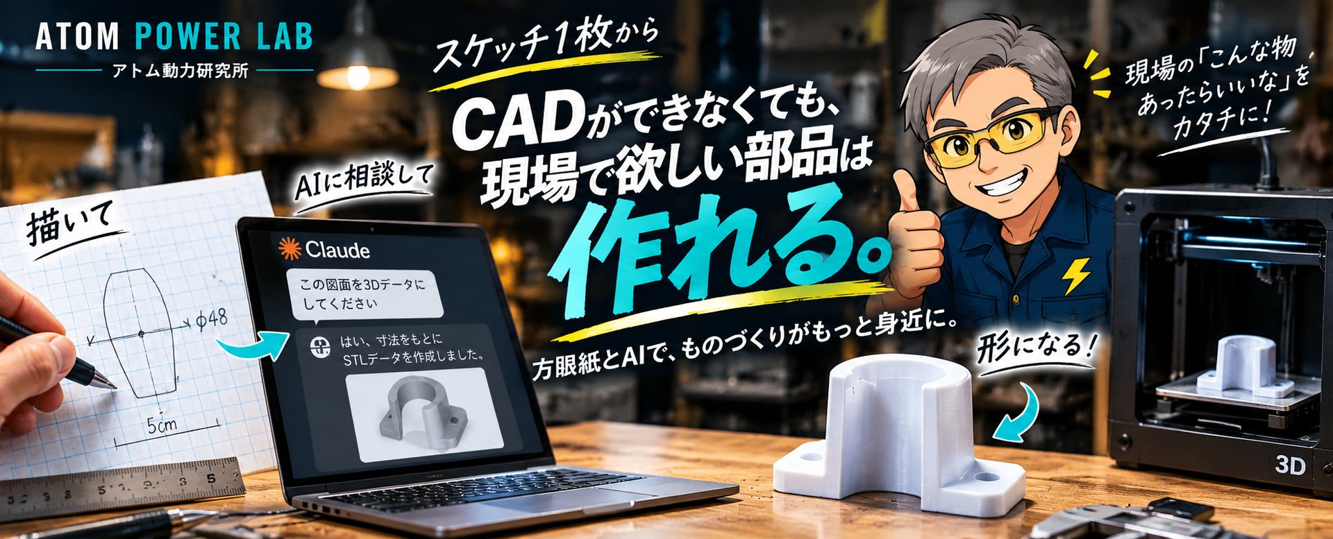 CADができなくても、現場で欲しい部品は作れる。方眼紙のスケッチをAIチャットに渡してSTLデータを作り、3Dプリンターで現物にするまでの流れ