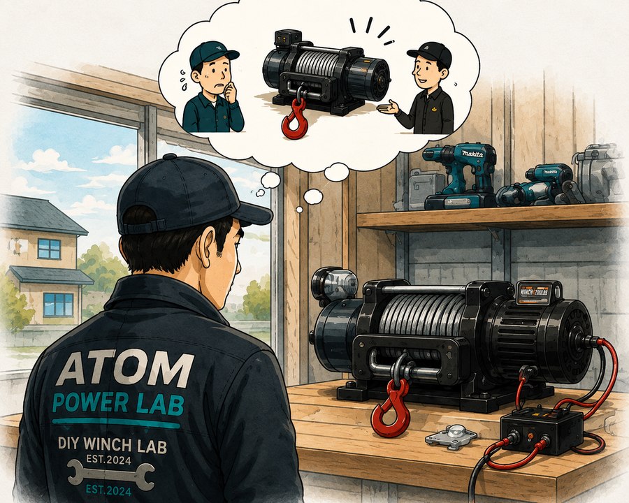 ATOM POWER LABのジャンパーを着た作業者が、作業台に据えた自作電動ウインチを見つめている。頭上の吹き出しには、重い物を前に困る自分と、ウインチを提案するもう一人の自分が描かれている